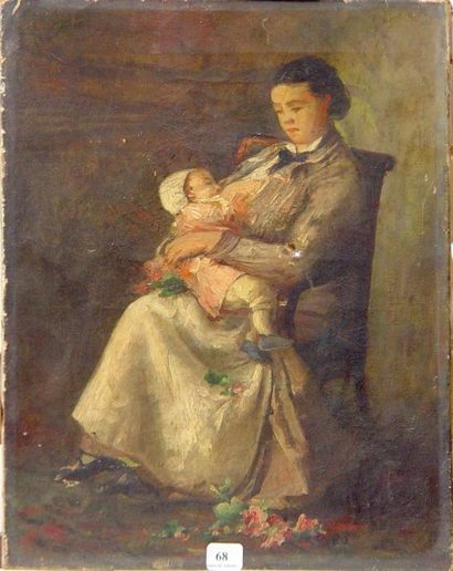 ECOLE FRANCAISE "Maternité" Huile sur toile Dim: 35 x 28 cm