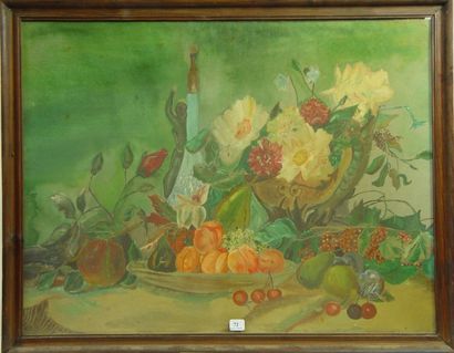 ECOLE FRANCAISE "Corbeilles de fleurs et fruits" Aquarelle Dim: 46 x 61 cm