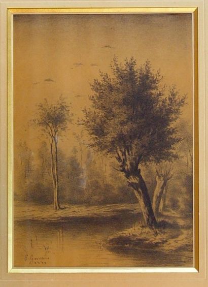 E. GERVAIS ''L'étang'' Dessin, signé en bas à gauche et daté Dim : 35 x 25 cm