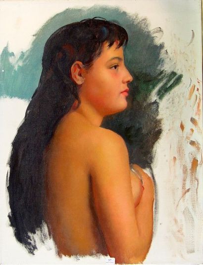 Maurice EHLINGER ''Michèle nue de profil'' Huile sur toile Dim : 67 x 50 cm