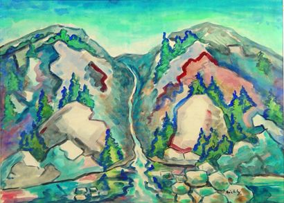 Rudolf RICHLY 
"Paysage de montagne" 
Gouache sur papier 
Dim: 37 x 53 cm