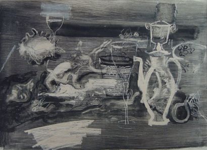 René de CONNINCK 
"Nature morte au pichet" 
Encre et gouache sur papier, signée en...