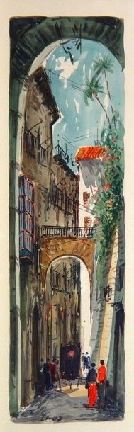 IMAZ "Rue animée"
Aquarelle, signée en bas à gauche
Dim: 53 x 20 cm