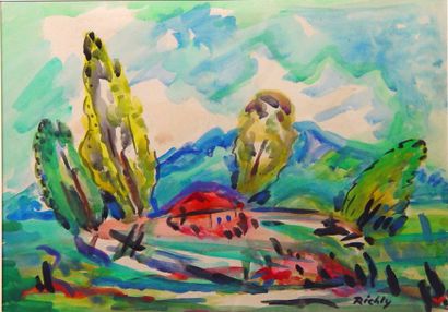 Rudolf RICHLY "Paysage de montagne"
Aquarelle, signée en bas à droite
Dim: 34 x 48...