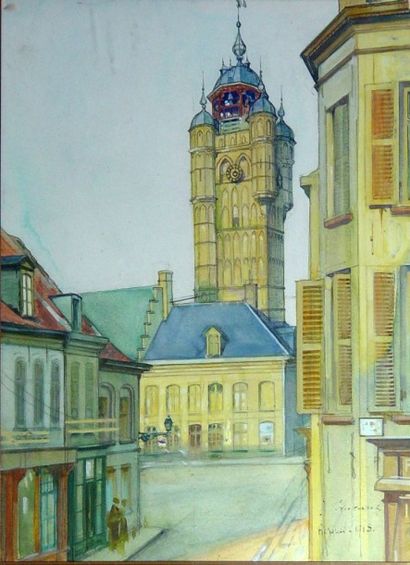 J. CAUCARCH 
"Place de l'église"
Aquarelle, signée en bas à droite et datée 1918
Dim:...