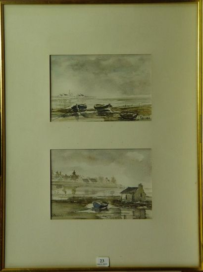 J. BOULAIS "Barques à marée basse" Deux aquarelles dans un cadre
Dim: 12 x 18 cm