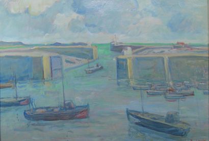 Pierre-Edmond PERADON (1893-1981) "Port de Courseulles" Huile sur isorel signée en...