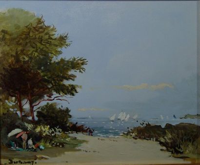 BARTHELEMY Gérard "La petite plage du Lavandou" Huile sur toile signée en bas à gauche...