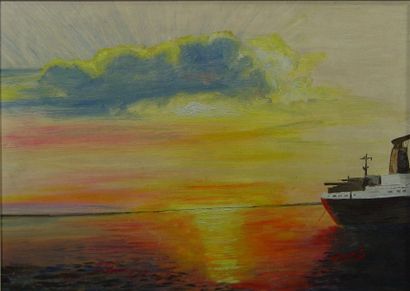 BONNET Denis "Le bateau et la mer" Huile sur panneau Dim : 46 x 33 cm