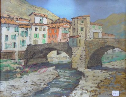 TOURMON Raymond ''Le pont'' Aquarelle signée en bas à droite Dim : 32 x 40 cm
