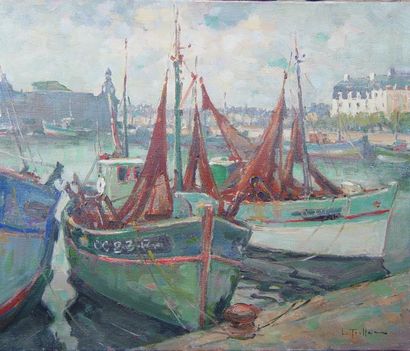 LE TOULLEC ''Concarneau, pêcheurs au port'' Huile sur toile signée en bas à droite...