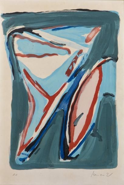 Bram VAN VELDE (1895-1981) 
Composition bleue et rouge
Lithographie en couleurs.
«E.A»...