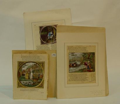 null Lot de 6 gravures colorées + 4 gravures diverses: marine, vieillard près de...