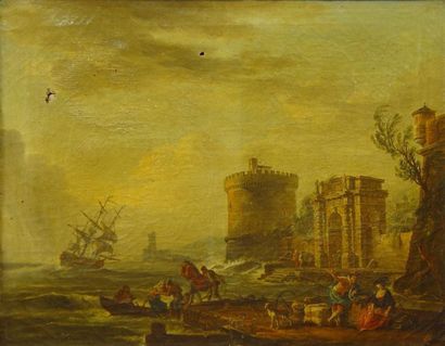 Jean Baptiste LALLEMAND (1716-1803) "Débarquement au port sur une mer agitée"
Huile...