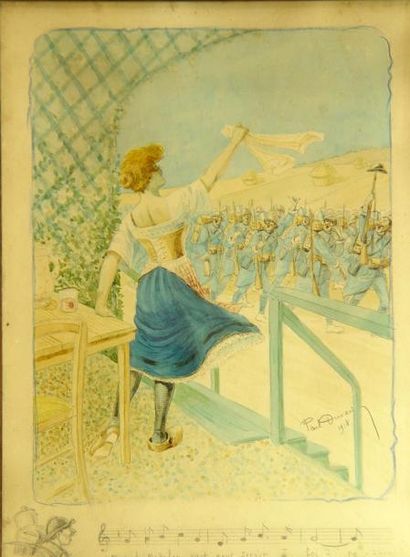 PAUL DURAND "Le départ"
Aquarelle signée en bas à droite et datée 1918
44 x 33 c...