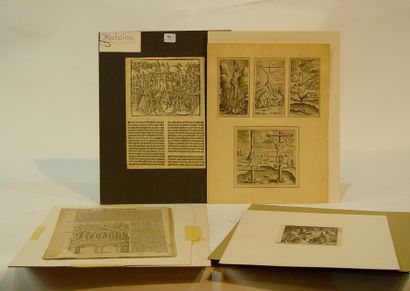 null Lot de 11 gravures XVIème siècle: 1 gravure sur bois «Virgile», 4 pages de livres,...