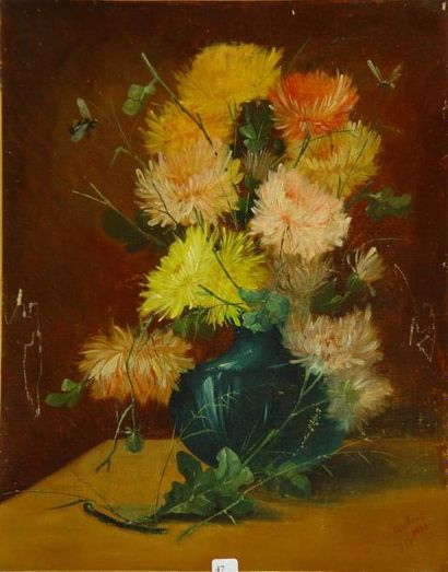 L. HUBERT "Vase de fleurs et abeilles"
Huile sur toile signée en bas à droite et...