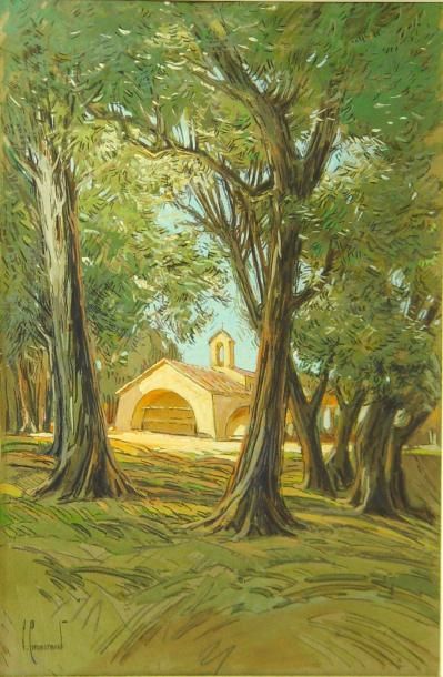 COMMARMOND "La chapelle"
Aquarelle gouachée signée en bas à gauche
49 x 32 cm