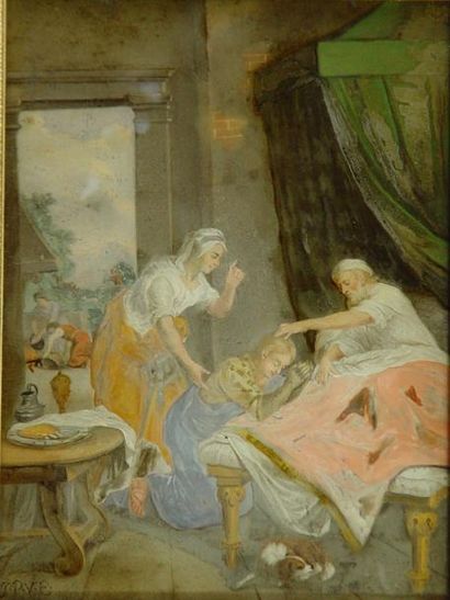 ECOLE FRANCAISE "Jacob et Esaü" Fixé sous verre, monogrammé BG PVE
29 x 22 cm
