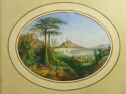 Ecole Napolitaine "Paysage animé avec le Vésuve"
Aquarelle ovale
29 x 39 cm