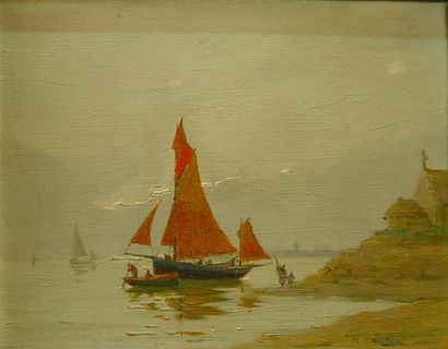 René Emile Charles COULON "Voiles rouges"
Huile sur panneau signée en bas à droite
18...