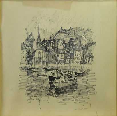 P. BOULET "Bateaux au port"
Dessin signé en bas à droite
47 x 47 cm