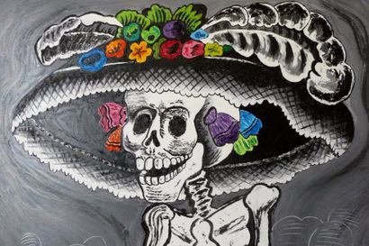 Augusto-S Acrylique sur toile:La mort un chapeau de fleurs 60x90 cm