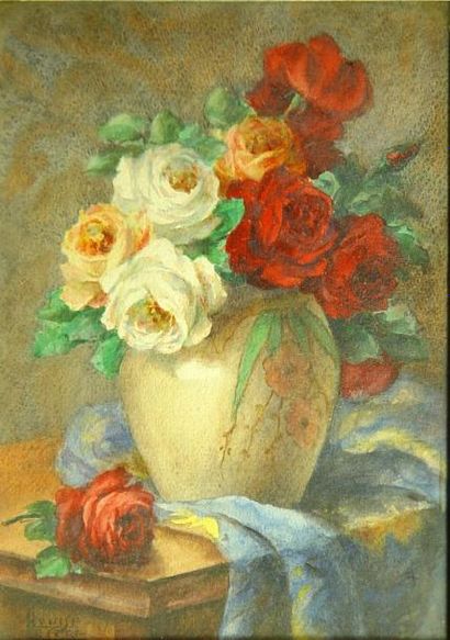 Louise Le CERF 'Vase de roses''
Aquarelle signée en bas à gauche
33 x 22 cm