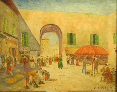E.F. DUFOUR 'Le marché à Nice''
Aquarelle signée et datée 1924 18,5 x 23,5 cm