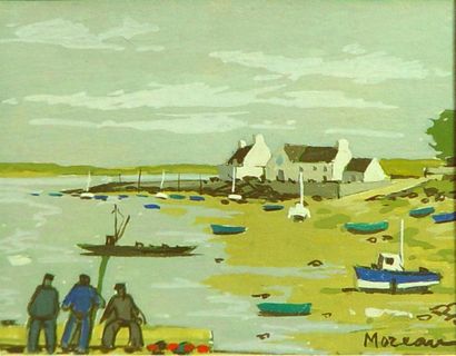 Jacques Gaston MOREAU 
"L'ile Tudy" et "Loc Mariaquer"
Deux marines formant pendant
Gouache...