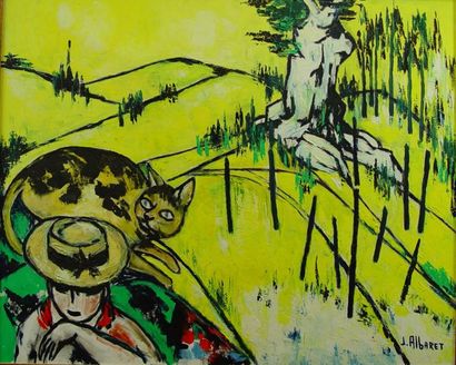 Jean ALBARET 'Femme et chat''
Huile sur toile signée en bas à droite
80 x 98 cm