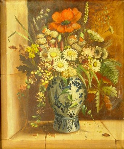 ECOLE FRANCAISE "Vase de fleurs"
Huile sur toile, monogrammée en bas à droite (accidents)...
