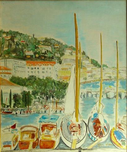 ECOLE FRANCAISE "Bateaux au port"
Huile sur toile signée en bas à droite illisible...