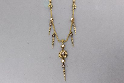 null 381- Collier en or ornée d'un pendentif serti de perles. Epoque Napoléon III

Pds :...