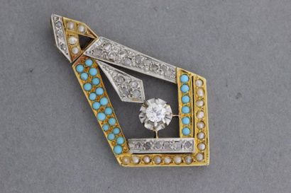 null 422- Pendentif Napoléon III en or enrichi de turquoises et de diamants retenant...
