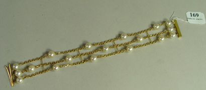 null 169- Bracelet trois rangs en or jaune et perles de culture

Pds : 21 g
