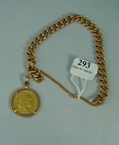 null 293- Gourmette en or jaune et son pendentif ''pièce de 20 F''

Pds net : 53...