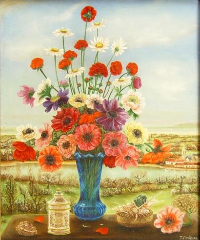 null 56- J. CHATEAU

''Vase de fleurs dans un paysage''

Huile sur panneau signée...