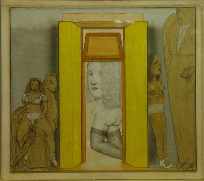 null 68- Pat Andrea
''Les vénitiennes jaunes''
Dessin et collage signé en bas à gauche,...