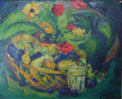 LEJEUNE Ismerie "Coupe de fleurs et fruits" Huile sur toile signée en bas à droite...