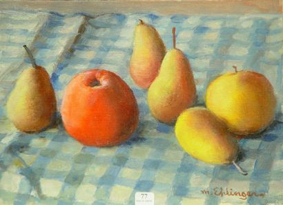 null 77- Maurice EHLINGER

''Pommes et poire''

Huile sur toile marouflée

Figure...