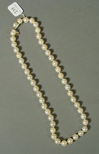 null 235- Collier de perles de culture chocker, fermoir en or dans une perle et chaînette...