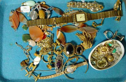 null 36- Lot de montres, bijoux fantaisie, bagues, pendentifs, broches et collie...