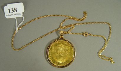 null 138- Pièce de 20 $ montée en pendentif sur chaîne de cou en or

Pds : 49 g