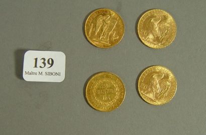 null 139- Quatre pièces de 20 F en or et pièce de 10 F en or