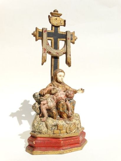 null 162- Sculpture monoxyle en bois polychrome, doré et incrustations d’ivoire représentant...