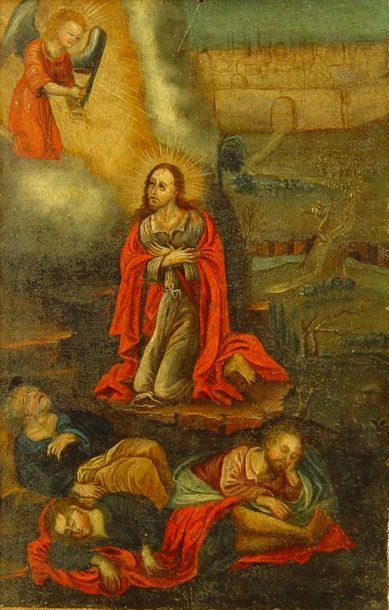 null 165- Ecole allemande XVIIe siècle. Christ au jardin des oliviers avec les Apôtres...