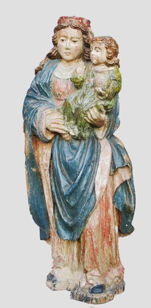 null 173- Sculpture à dos creux en bois polychrome représentant la Vierge à l’Enfant...