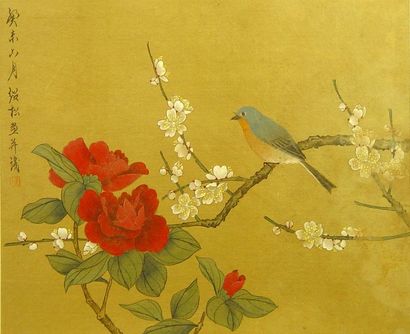 null 34- Deux peintures sur tissu à décor de fleurs, oiseau et papillon
36 x 30 ...