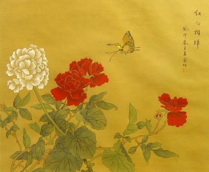 null 34- Deux peintures sur tissu à décor de fleurs, oiseau et papillon
36 x 30 ...